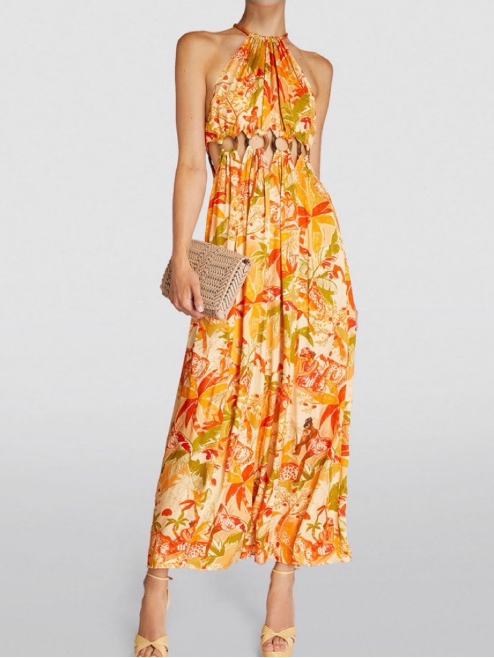 Farm Rio Tropical Halter Cutout Maxi Dress in Yellow & Orange